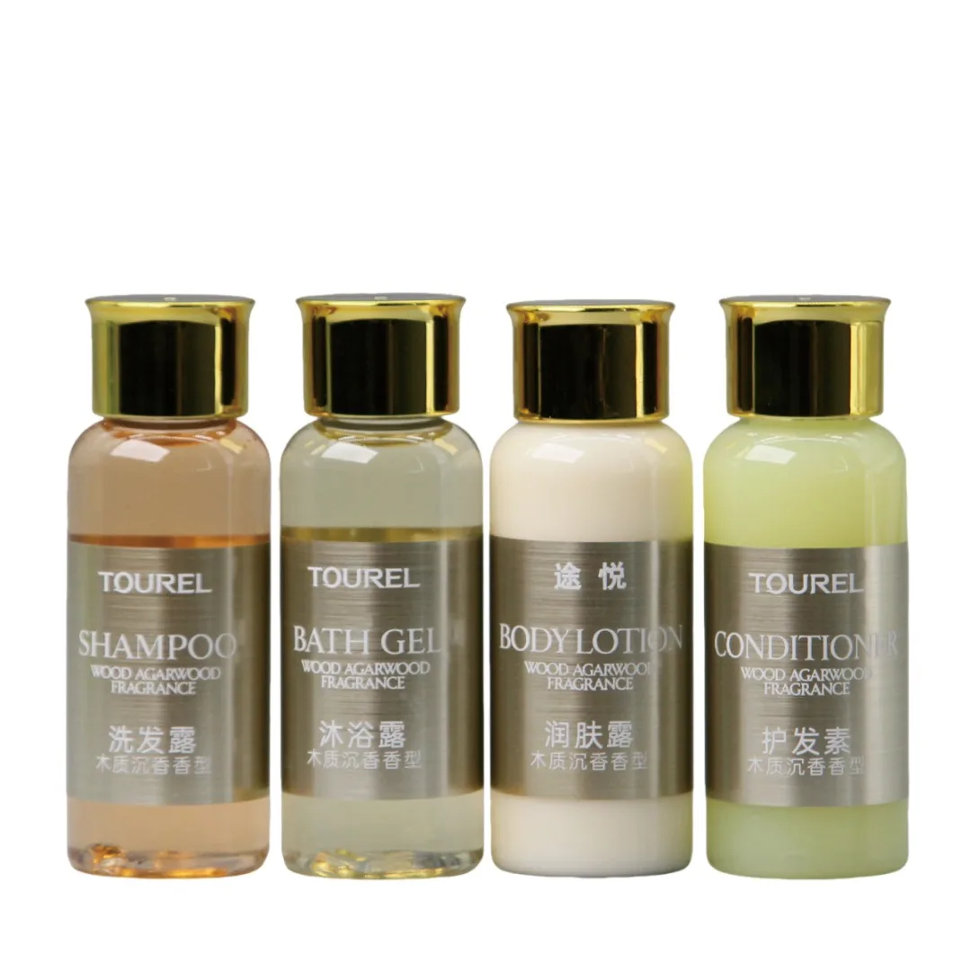 Set de artículos de tocador con botellas pequeñas de gel de champú para hotel, champú y acondicionador para hotel