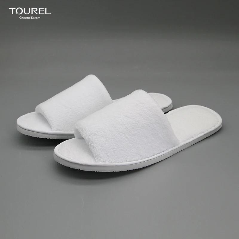 Chaussons d'h&ocirc;tel jetables en molleton corail en coton l&eacute;ger en gros, semelle EVA antid&eacute;rapante, spa, personnalisation du logo, bon march&eacute; et confortables