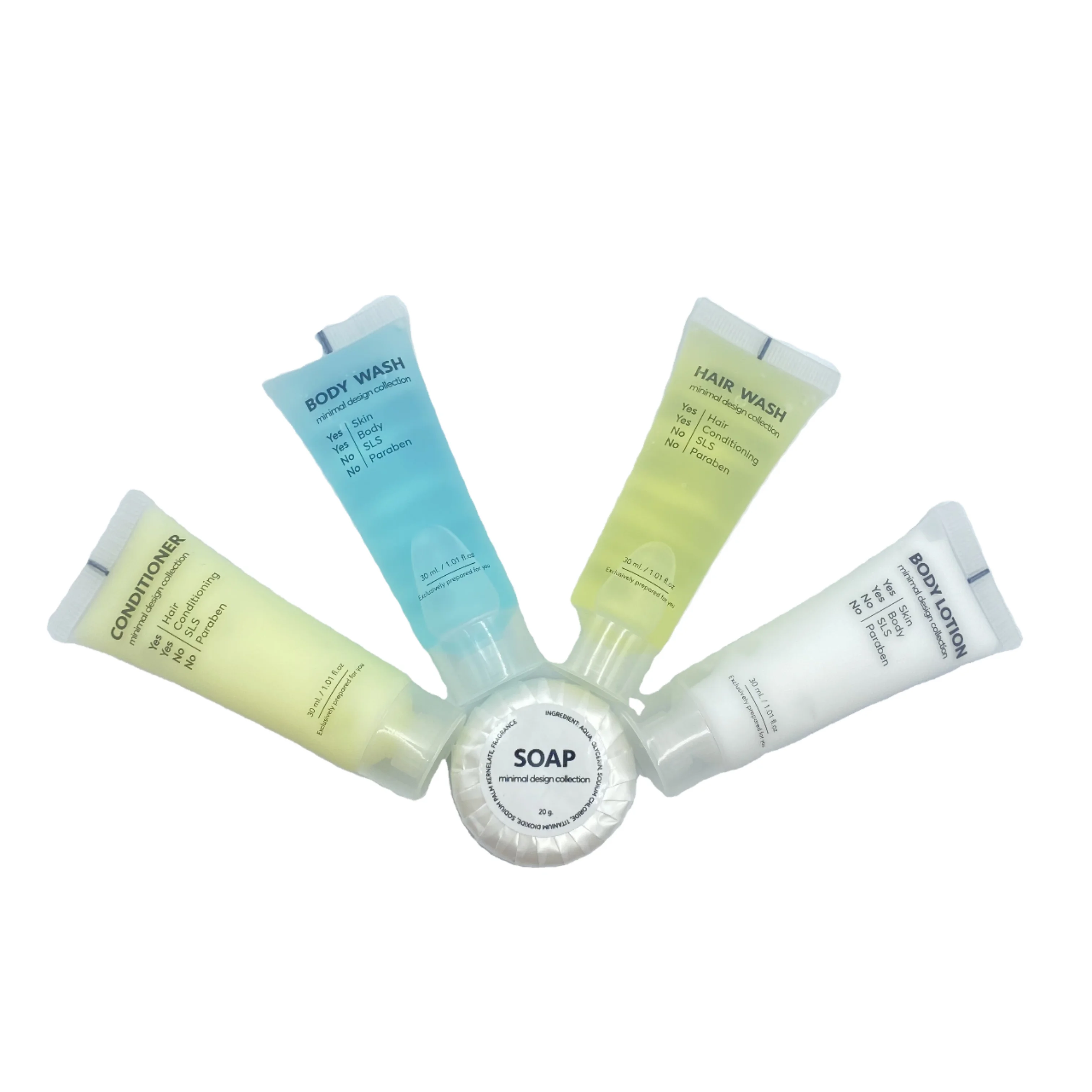 Set de tubos de plástico personalizados para cosméticos, de compresión suave, amenities de hotel, loción corporal, acondicionador, gel de baño económico