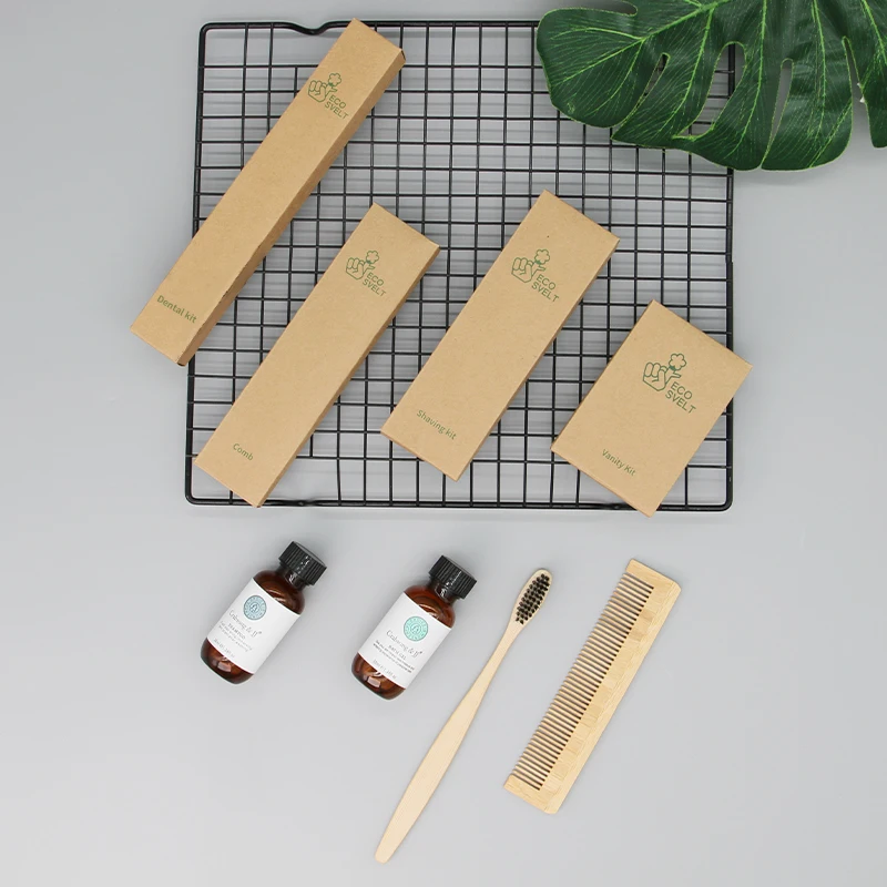 Eco-friendly Bamboo Hotel Amenity Set With Slippers Shampoo Conditioner Body Lotion Custom 5-star Bamboo Kit In Kraft Paper Box