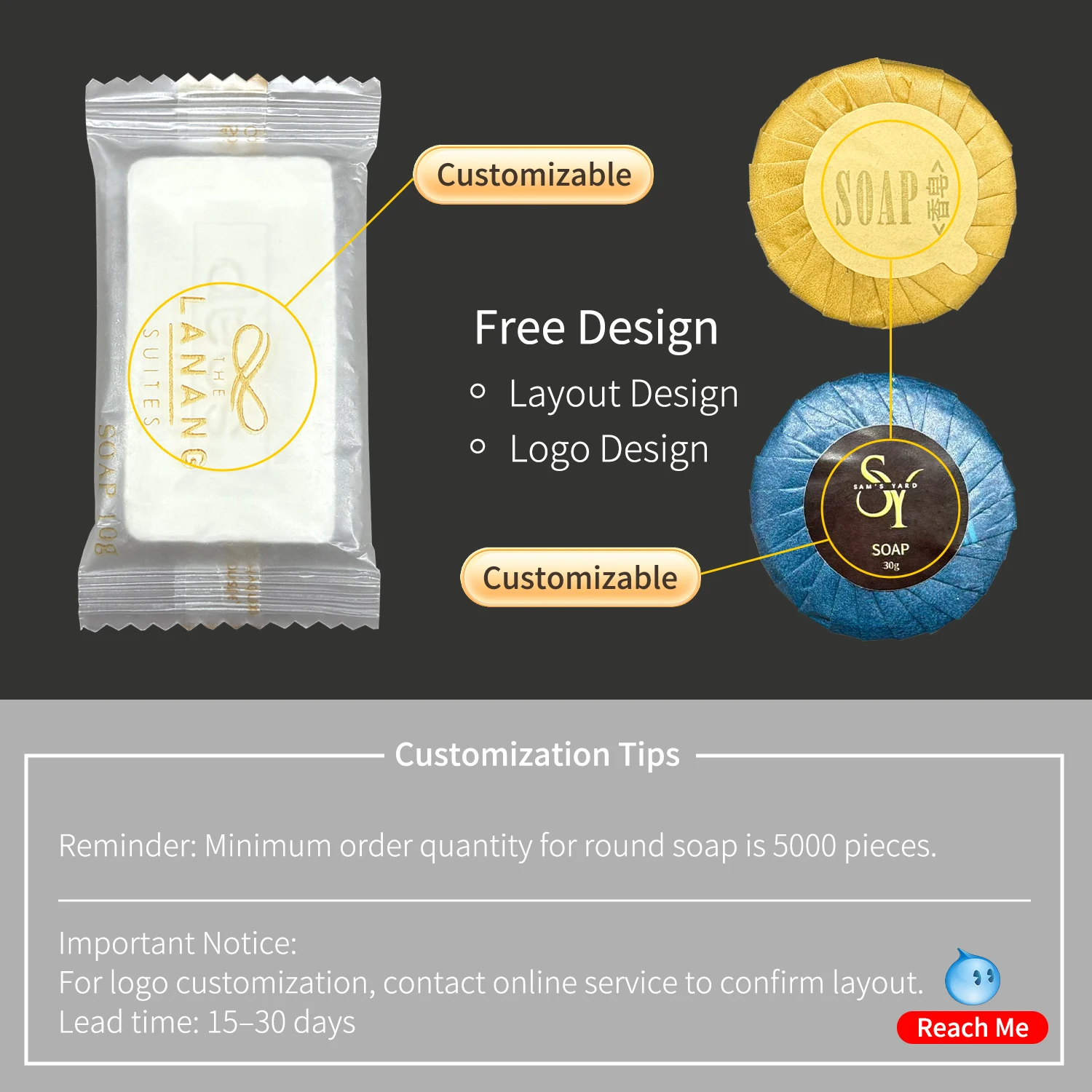 Jabón de hotel biodegradable, ecológico, natural, suave, personalizado, limpio, envuelto en pliegues para uso en el baño de huéspedes como amenidad de hotel