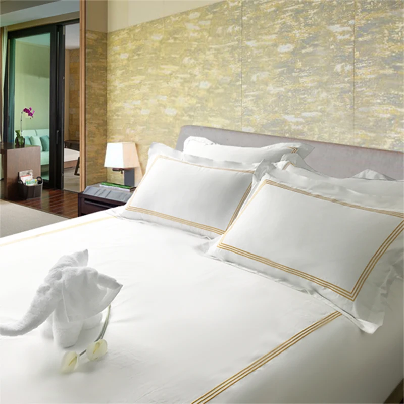 Juego de Ropa de Cama de Lino con Rayas de Algodón Satín Chino de Lujo de Alta Venta, Tamaño Queen, Rayas de 1 Cm, Liso, Colección Star Hotel, Venta al por Mayor Barata